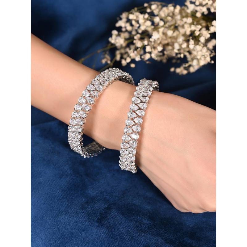 Ratnavali Jewels Silver Plated AD Studded White Bangles Set of 2 (2.6)