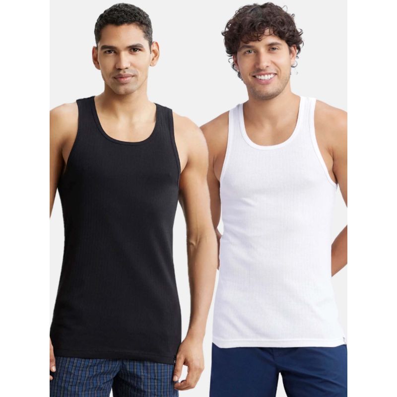 Jockey 9922 Men Super Combed Cotton Rib Round Neck Gym Vest-Black and White (Pack of 2) (M)