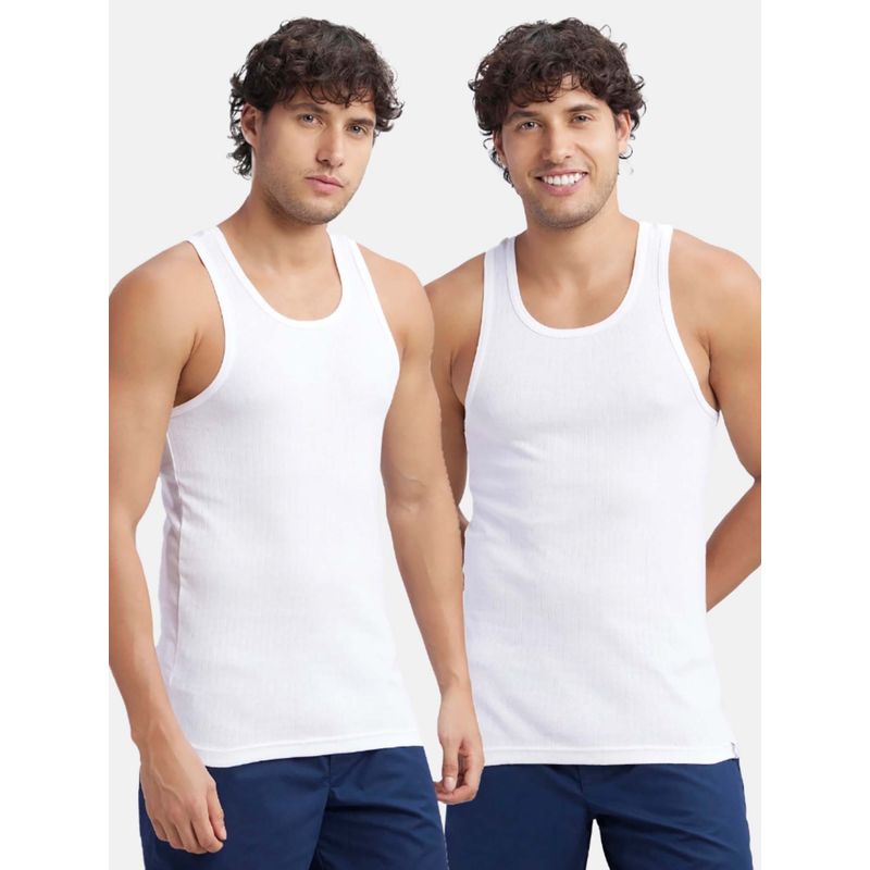 Jockey 9922 Men Super Combed Cotton Rib Round Neck Gym Vest - White (Pack of 2) (M)