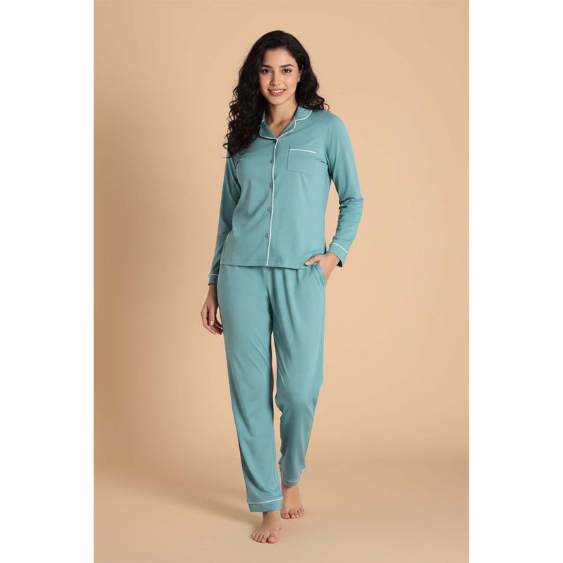 Zivame Knit Cotton Shirt & Pyjama - Beryl Green (M)