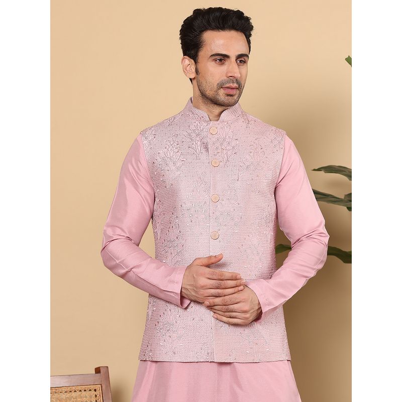 MULTI SHADES Viscose Pink Embroidered Nehru Jacket (XS)
