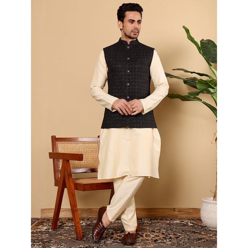 MULTI SHADES Cream Men Embroidered Kurta with Pyjama and Nehru Jacket (XS)