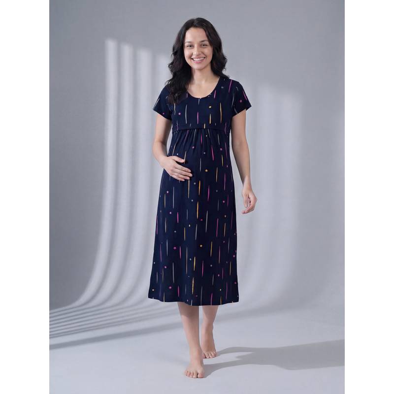 Secret Wish Navy Blue Printed Hosiery Maternity Dress (XL)
