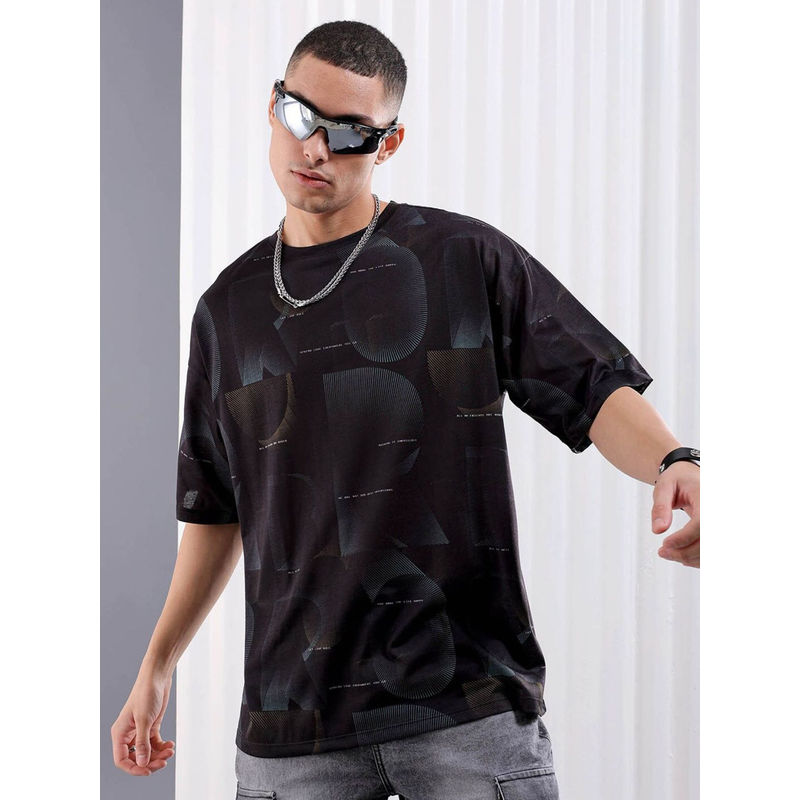The Indian Garage Co Men Black Oversized Abstract Printed Round Neck T-Shirt (S)