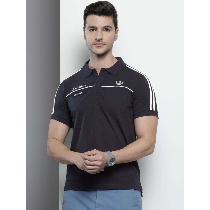 The Indian Garage Co Men Slim Fit Solid Navy Blue Polo Collar T-Shirt (M)
