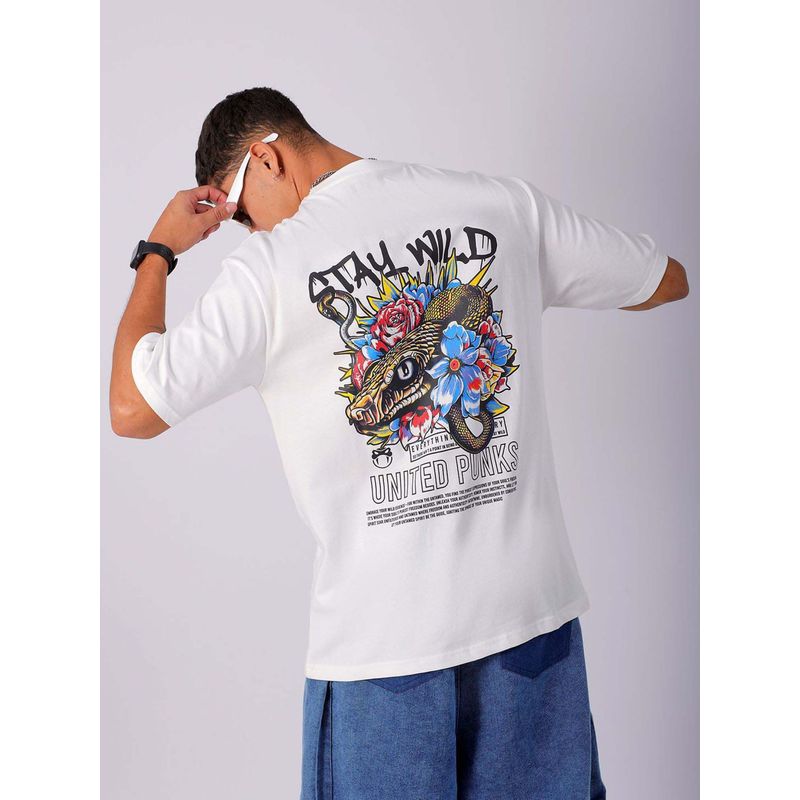The Indian Garage Co Men Oversized Graphic Back Printed White Crew Neck T-Shirt (XL)