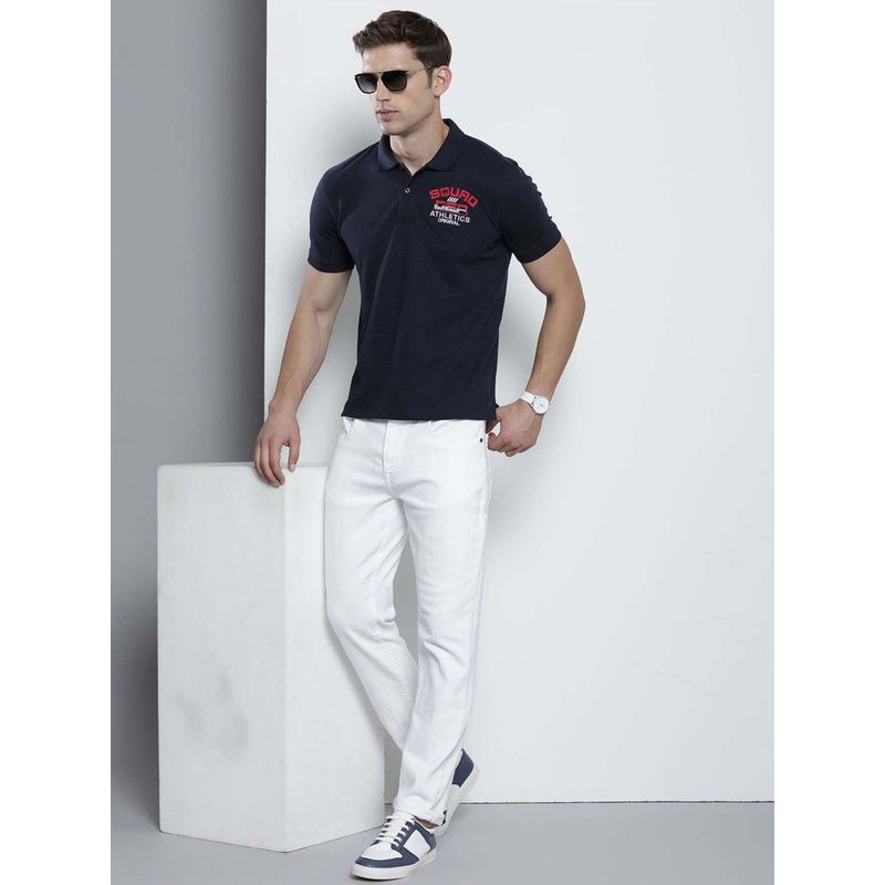 The Indian Garage Co Men Slim Fit Placement Embroidery Navy Blue Polo Collar T-Shirt (S)
