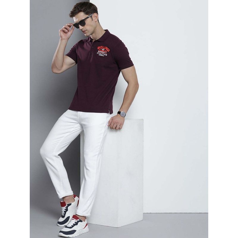 The Indian Garage Co Men Slim Fit Placement Embroidery Burgundy Polo Collar T-Shirt (M)