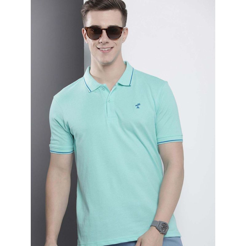 The Indian Garage Co Men Slim Fit Solid Turquoise Polo Collar T-Shirt (S)