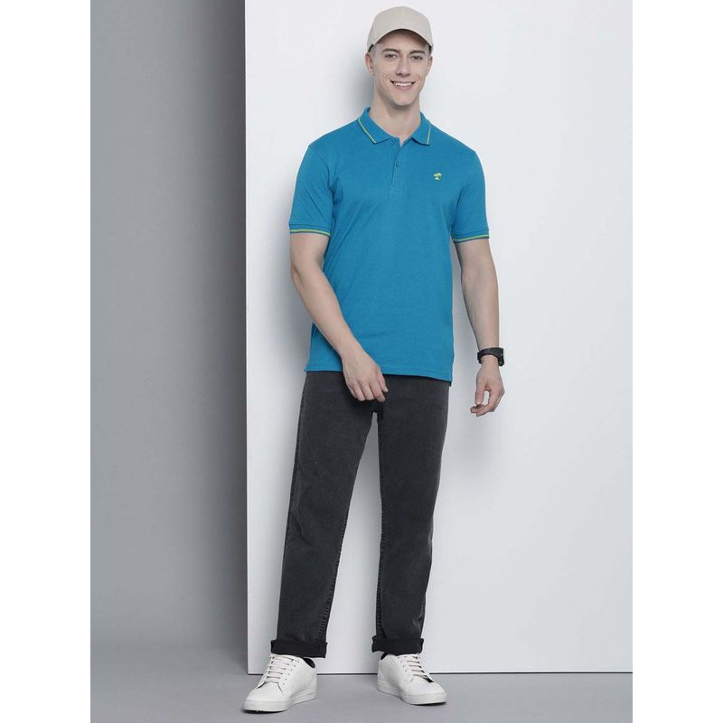 The Indian Garage Co Men Slim Fit Solid Blue Polo Collar T-Shirt