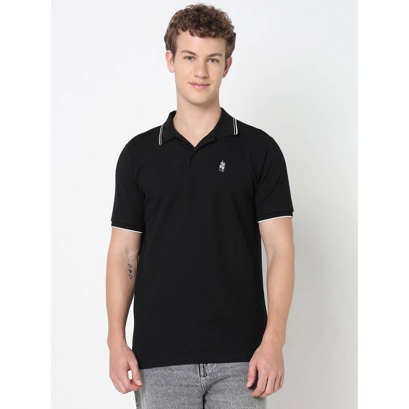 Buy R&B Black Cotton Slim Fit Solid Men Polo T-Shirt Online