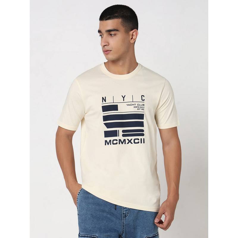 R&B Beige Typography Casual Men Regular Fit T-Shirt (S)