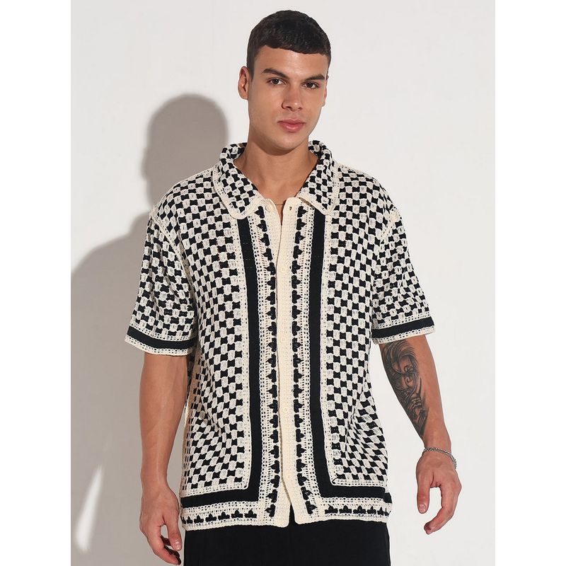 SHOWOFF Edition Men Geometric Black Oversized Crochet Shirt (S)