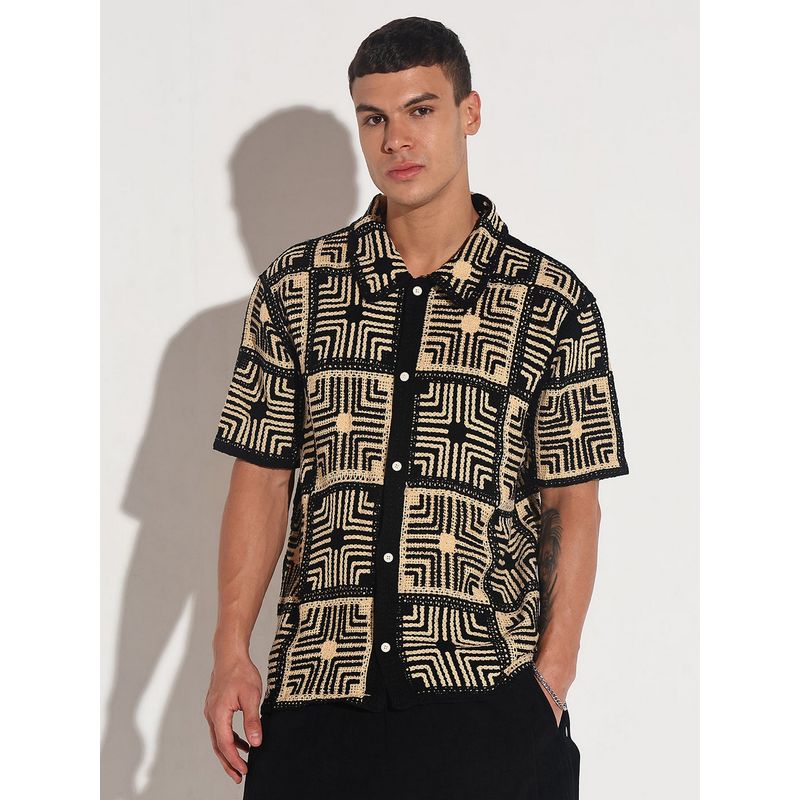 SHOWOFF Edition Men Checked Black Regular Fit Crochet Shirt (S)