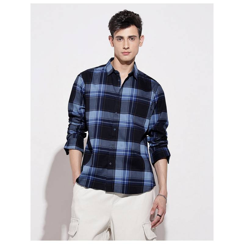 SHOWOFFFF Men Checked Navy Blue Regular Fit Shirt (S)