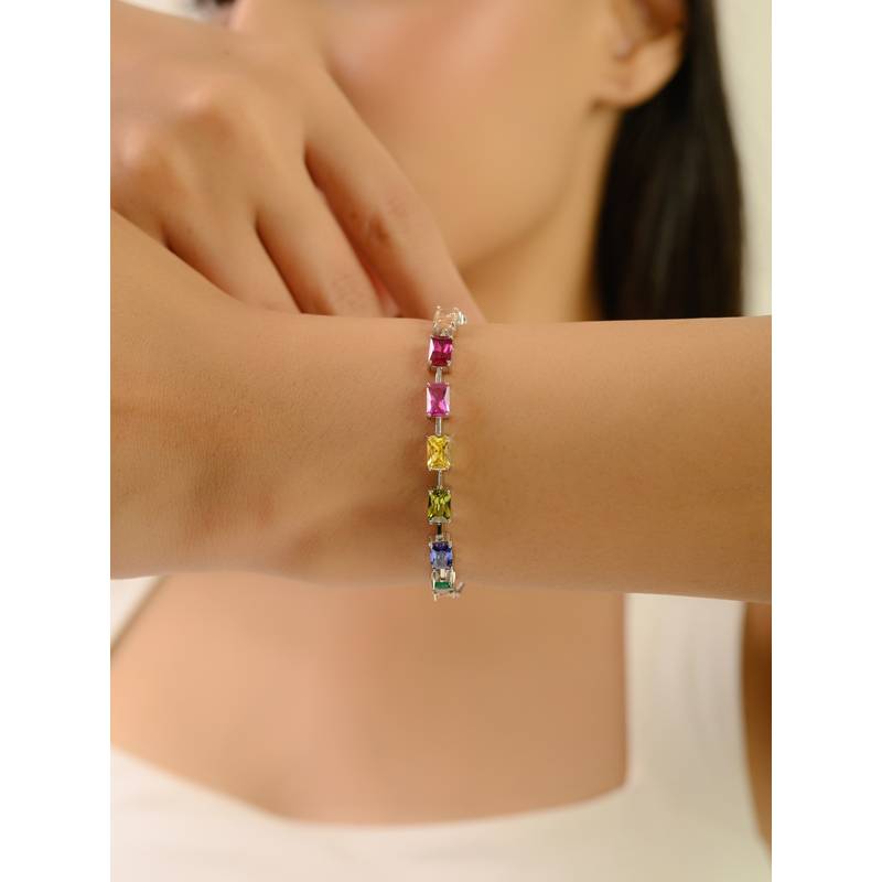 METALM 925 Silver Tennis Bracelet with Emerald Cut For Women (6 Inches)