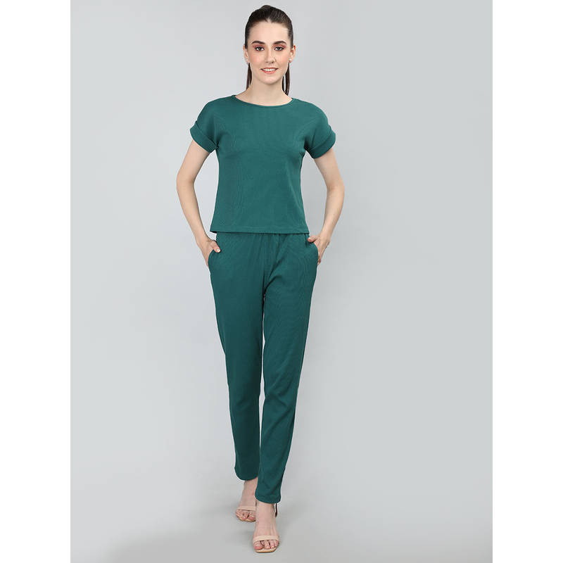 Chkokko Women Casual Summer T-Shirt And Trackpant Co-Ord Set-Teal (Set of 2) (M)