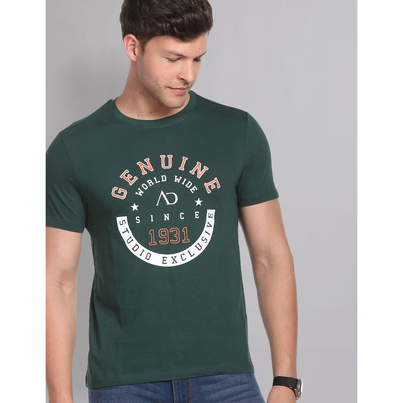 AD By Arvind Dark Green Crew Neck Modern Fit Printed T-Shirts (S)