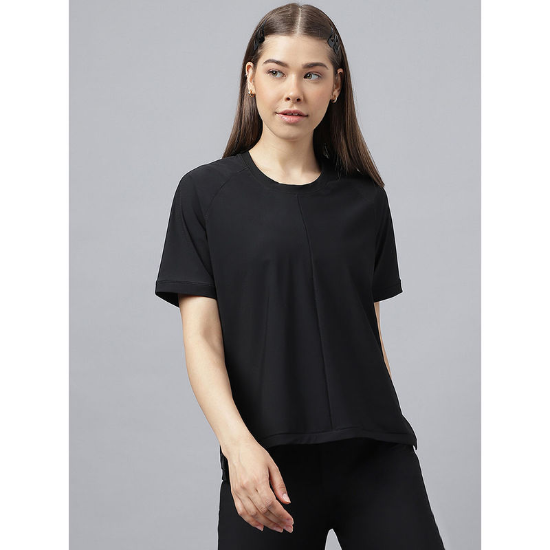 Fitkin Women Black Solid Back Mesh Design Short Sleeves T-Shirt (S)