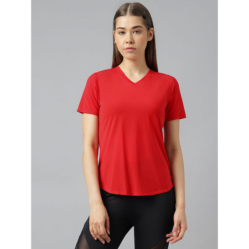 Buy Fitkin Women Red V Neck Short Sleeves T-Shirt with Back Mesh Online