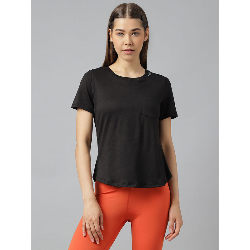 Fitkin Women Black Short Sleeves T-Shirt with Back Laser Cut Detail (L)