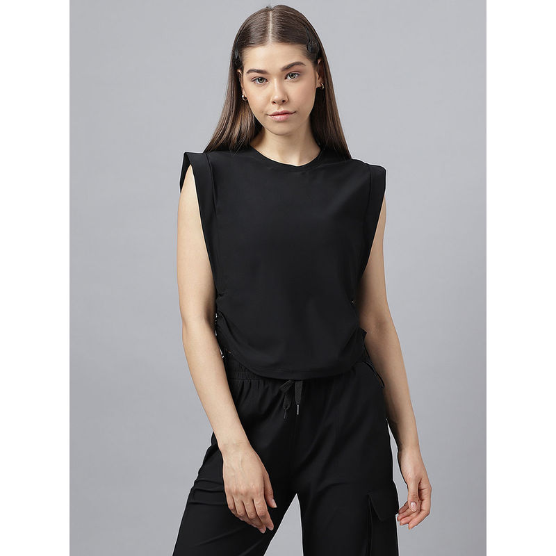 Fitkin Women Black Side Pull Up Crop Top (S)