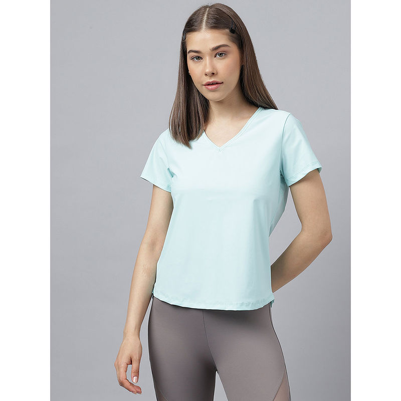 Fitkin Women Aqua Blue V Neck Quick Dry Training Sport T-Shirt (XL)