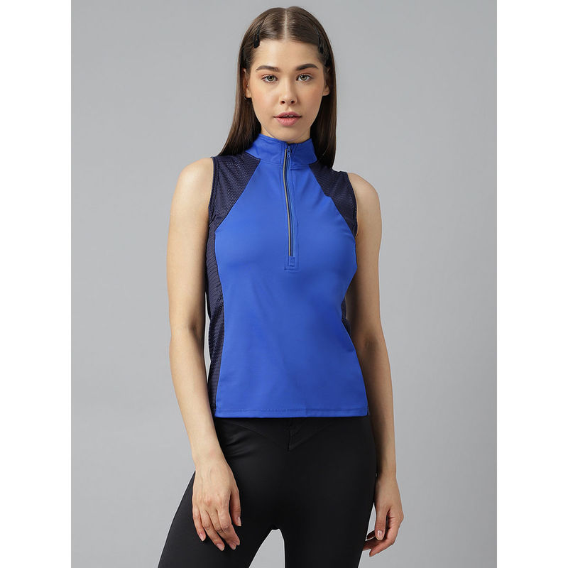 Fitkin Women Blue Front Zipper Sleeveless with Side Mesh Panel Top (M)