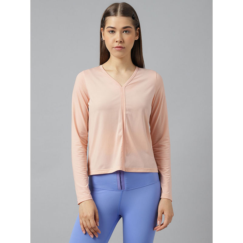 Fitkin Women Peach V Neck Long Sleeves Solid T-Shirt (S)