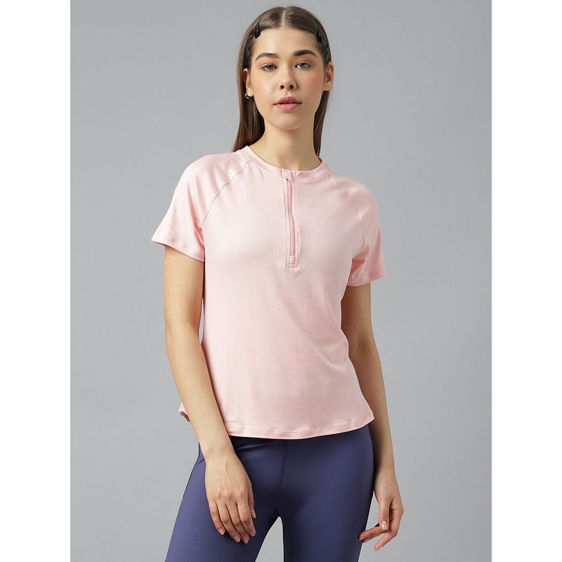 Fitkin Women Pink Front Zipper Short Sleeve Back Mesh T-Shirt (XL)