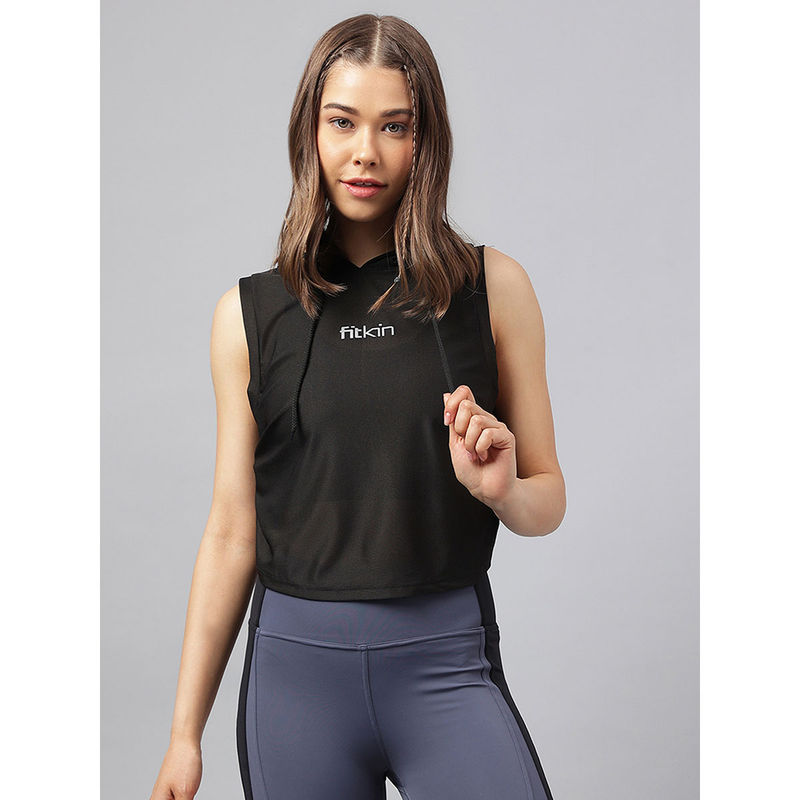 Fitkin Women Black Self Design Side Twist Hoodie Top (M)