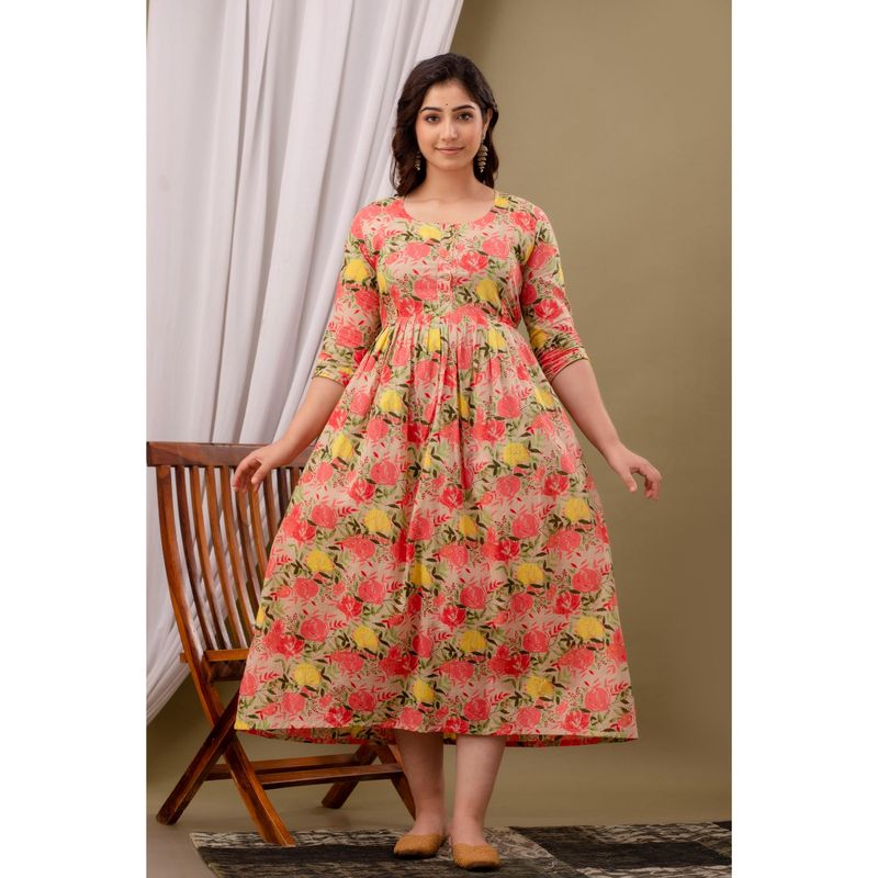 UrbanRang Blossom Glow Handblock Flared Maternity Dress with Dual Feeding Zippers (S)