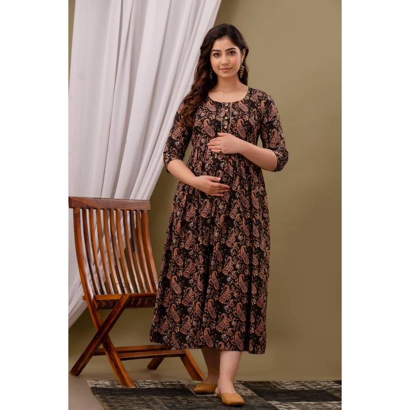 UrbanRang Autumn Paisley Cotton Maternity Dress with Dual Zippers (S)