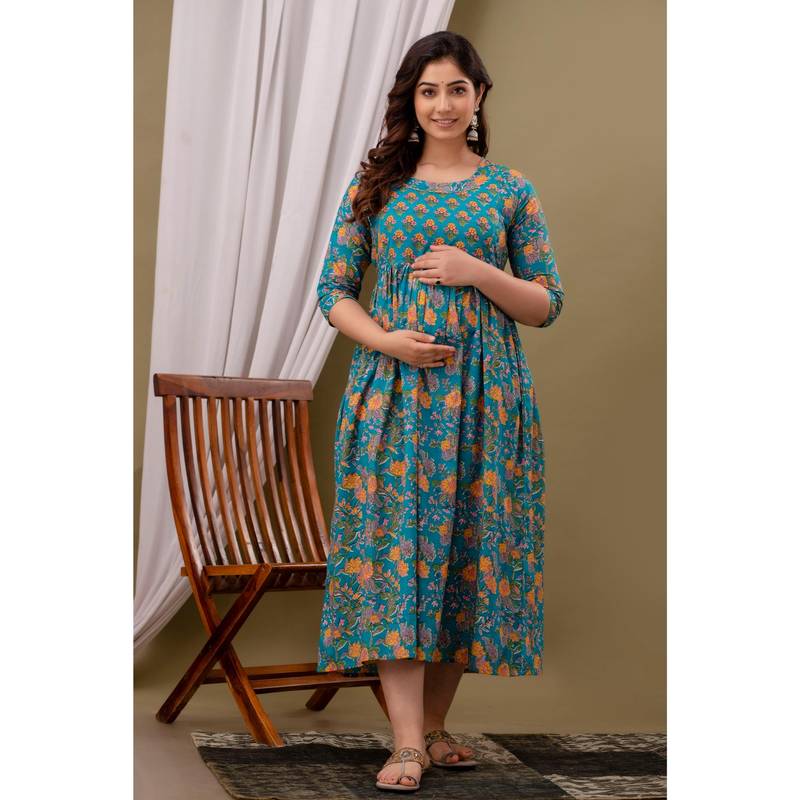 UrbanRang Teal Meadow Floral Maternity Maxi with Dual Zippers (S)