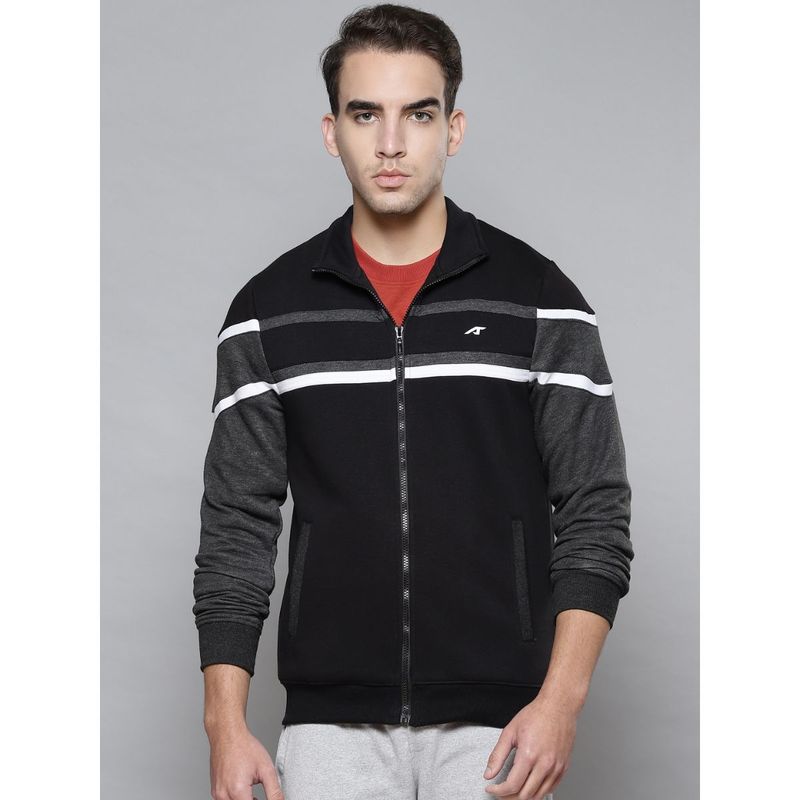 Alcis Men Black Charcoal Grey Melange Solid Cotton Regular Outdoor Sporty Jacket (L)