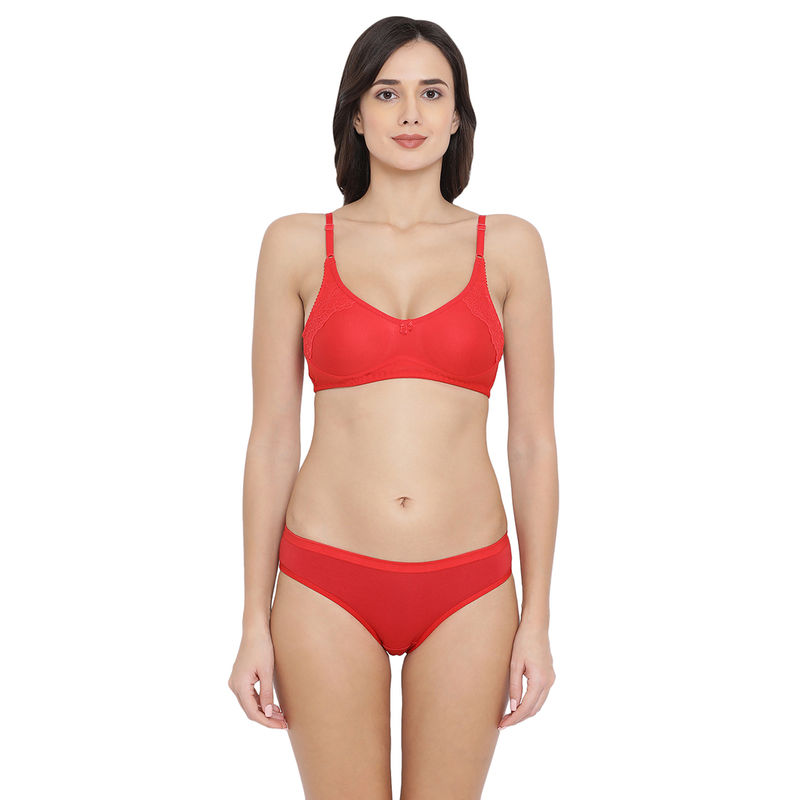 Clovia Cotton Rich Non-Padded Non-Wired Full Cup Bra & Low Waist Bikini Panty - Red (40B)