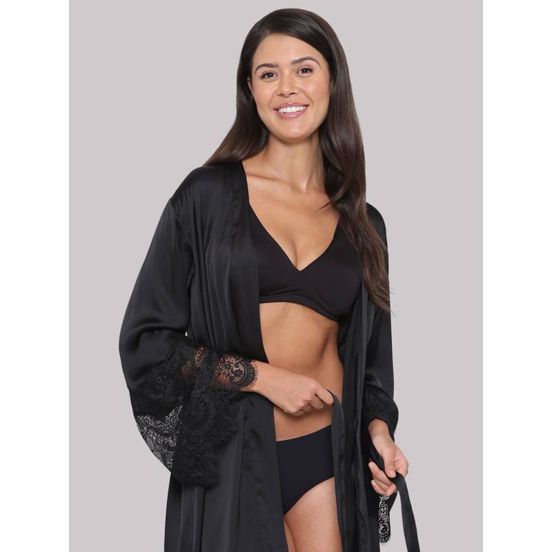 Wacoal Lacy Sleeves Knee Length Shiny Finish Wrap-Over Bridal Satin Robe-Black (Set of 2) (L)