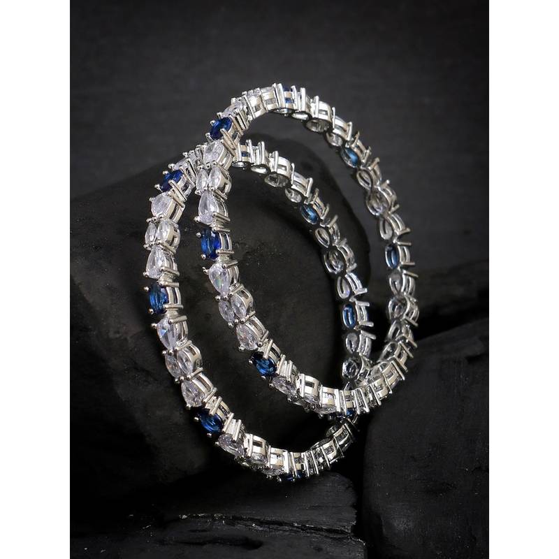 Adwitiya Women Rhodium-Plated Blue Stone-Studded Bangles (2.4)