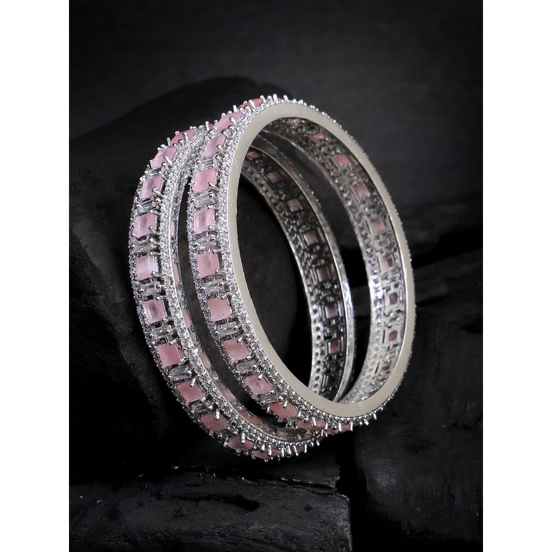 Adwitiya Women Rhodium-Plated Pink Stone-Studded Bangles (2.4)