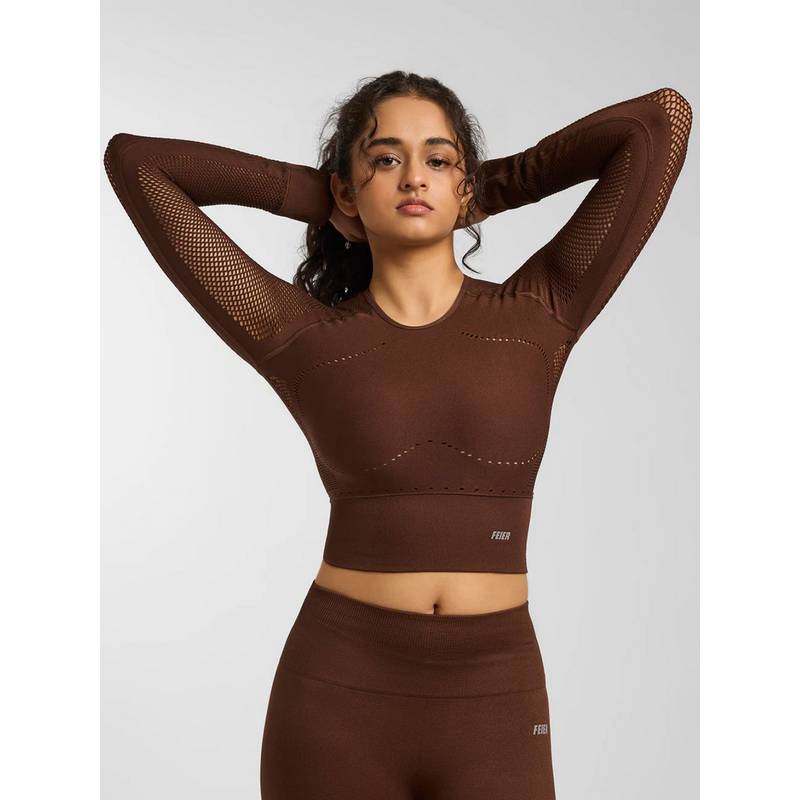 FEIER Brown Airwave Long Sleeve Crop Top (S)
