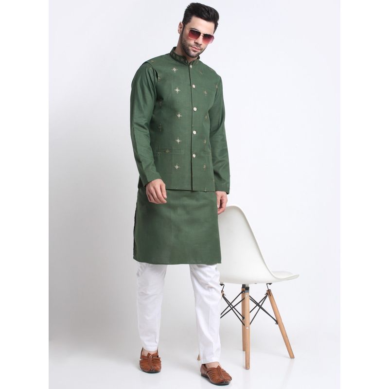 Kraft India Men Green Kurta & White Pyjama with Green Embroidered Sequined Nehru Jacket (Set of 3) (M)