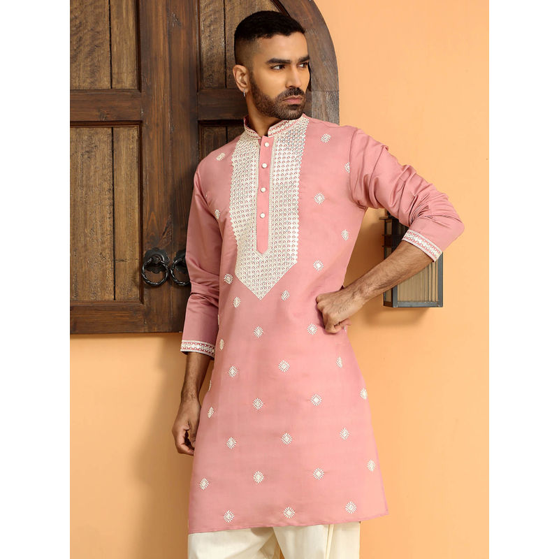 KRAFT INDIA LUXE Embroidered Yoke Design Cotton Silk Mandarin Collor Pink Kurta (38)