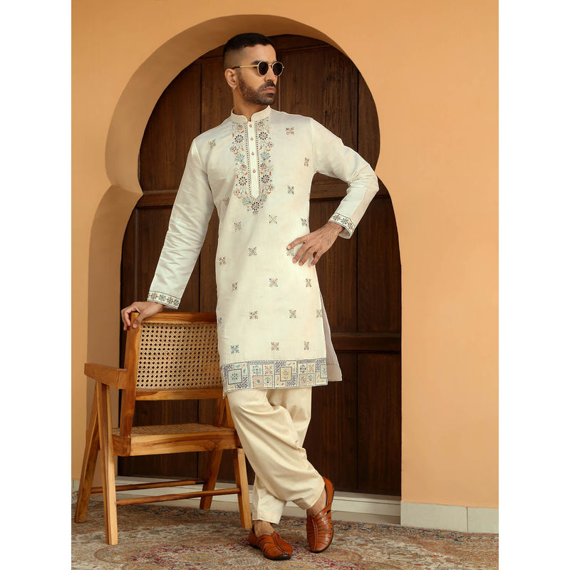 KRAFT INDIA LUXE Cotton Silk Embroidered Mandarin Collor Off White Kurta (40)