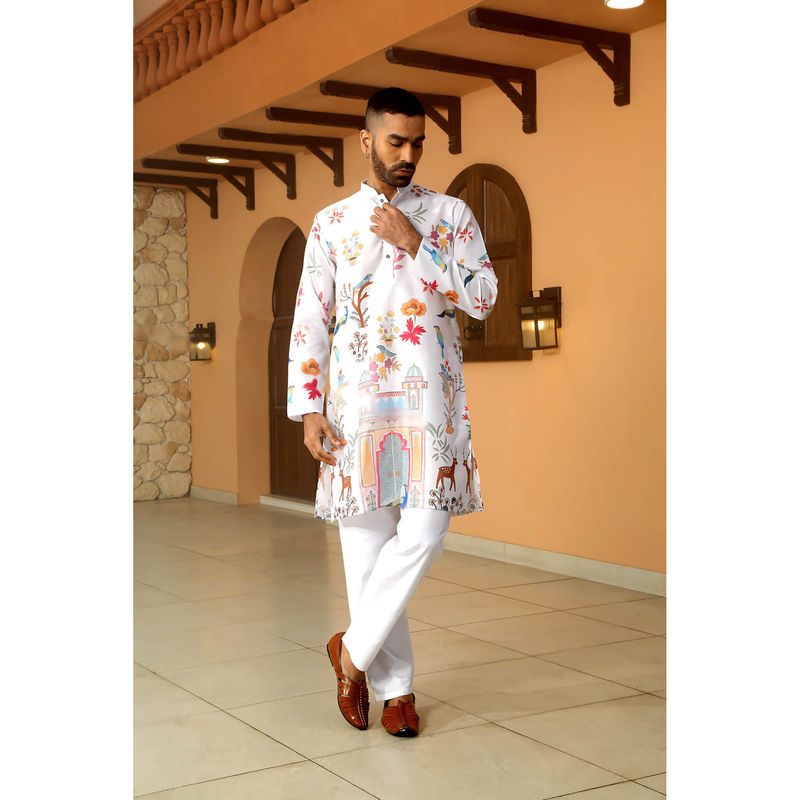 Kraft India Floral Printed White Mandarin Collor Cotton Summer Kurta (42)