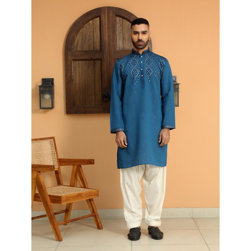 KRAFT INDIA LUXE Cotton Silk Embroidered Blue Kurta with Cream Patiala Salwar (Set of 2) (36)