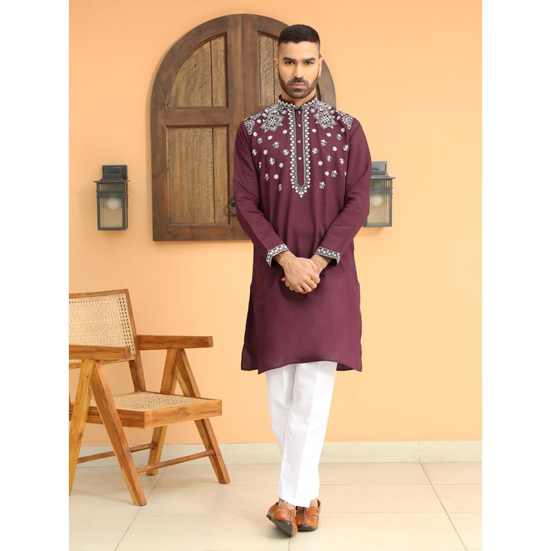 KRAFT INDIA LUXE Embroidered Sequenced Cotton Silk Wine Kurta with White Trouser Pant (Set of 2) (36)