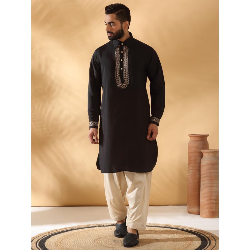 KRAFT INDIA LUXE Cotton Silk Sequined Embroidered Black Kurta with Beige Patiala Salwar (Set of 2) (38)