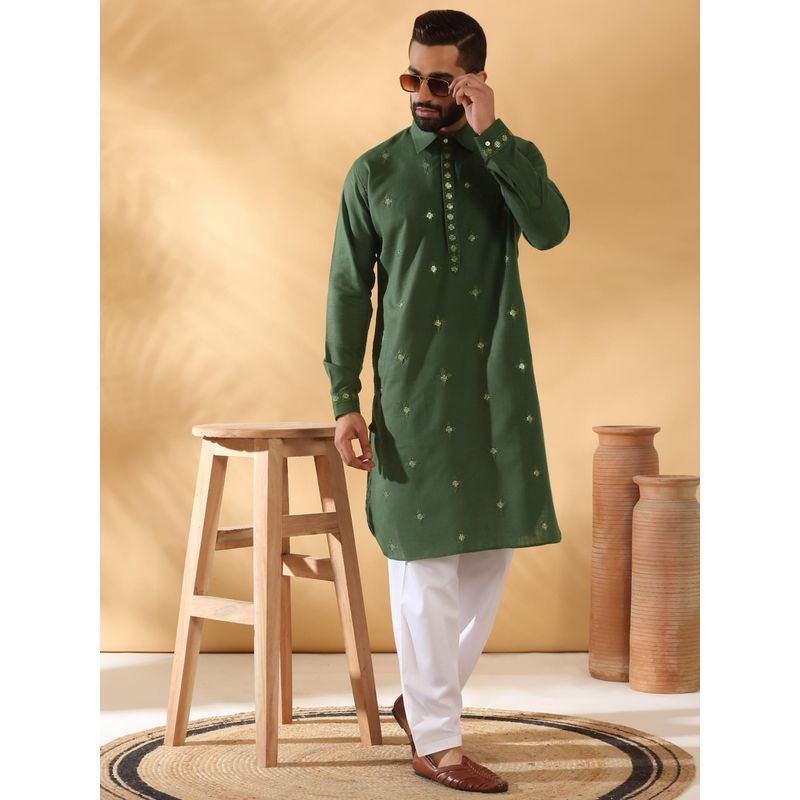 KRAFT INDIA LUXE Cotton Embroidered Sequenced Olive Green Pathani Kurta with White Salwar (Set of 2) (40)