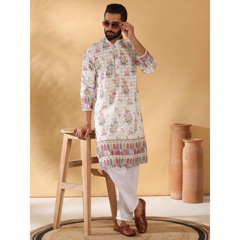 KRAFT INDIA LUXE Men White Floral Regular Fit Kurta with Pyjama (Set of 2) (42)