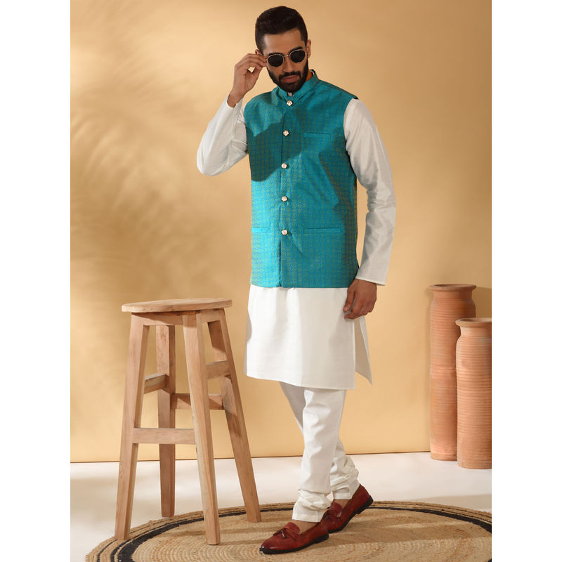 Kraft India Silk Blend Kurta and Churidar with Geometric Turquoise Nehru Jacket (Set of 3) (36)